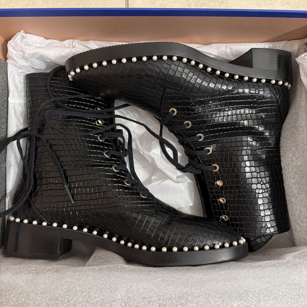 NEW Stuart Weitzman Sondra Croc Combat Booties Black Women's 7.5